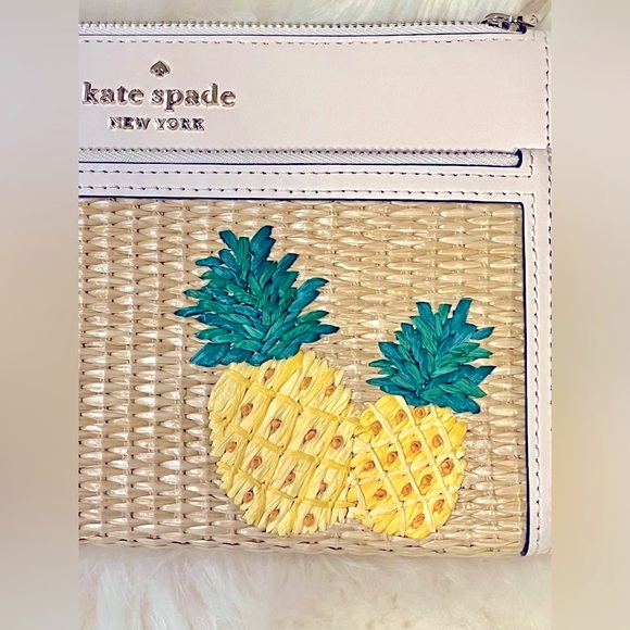 Kate Spade ♠️ Colada Pineapple Leather Wicker Straw Wristlet Wallet Purse Clutch - Picture 2 of 14